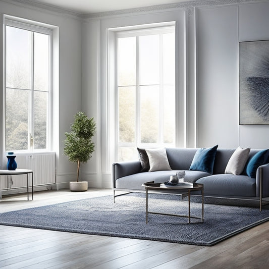 A minimalist living room with a sleek, low-profile sofa in a light gray tone, placed perpendicular to a floor-to-ceiling window, with a geometric-patterned area rug in shades of blue and white.