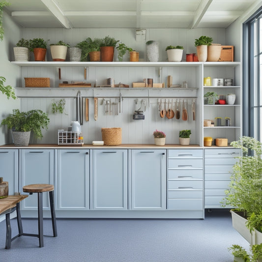 A tidy garage with a sleek, gray, and white color scheme, featuring repurposed IKEA shelves and cabinets, neatly organized tools, and a few decorative plants on a workbench.