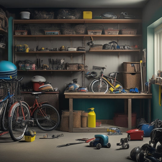 A cluttered garage with scattered toys, bikes, and sports equipment, contrasted with a tidy section featuring labeled bins, a organized workbench, and a few neatly hung tools.