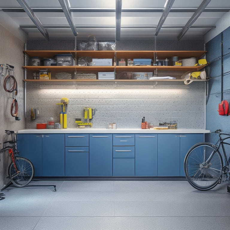 A well-organized garage interior with sleek, grey cabinets, adjustable shelves, and a pegboard with hanging tools, surrounded by a polished concrete floor and a few strategically placed LED lights.