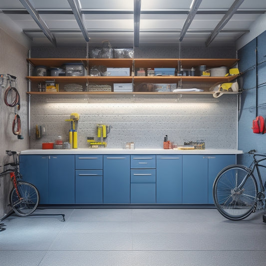 A well-organized garage interior with sleek, grey cabinets, adjustable shelves, and a pegboard with hanging tools, surrounded by a polished concrete floor and a few strategically placed LED lights.