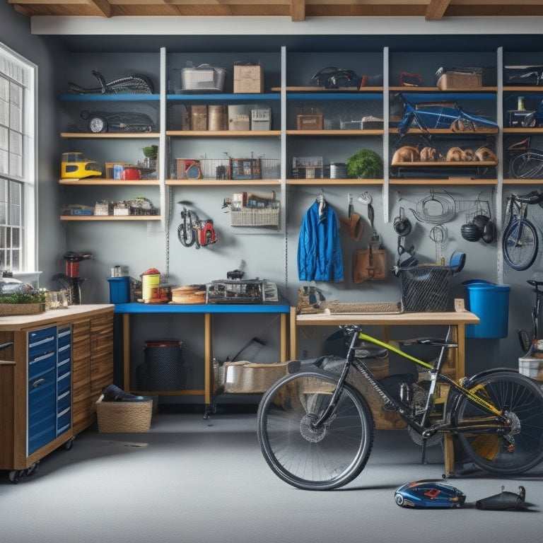 A cluttered garage with scattered tools, bicycles, and storage bins, transformed into an organized space with labeled baskets, a pegboard, and a sleek workbench, with a single, gleaming sports car in the center.