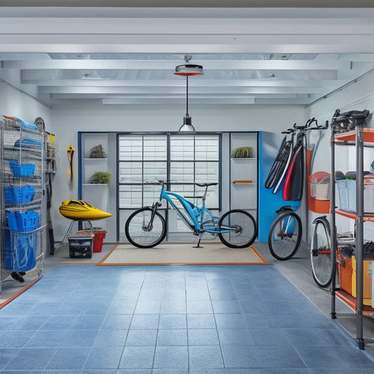 A tidy garage interior with a sleek, silver ceiling storage rack holding four bicycles, two storage bins, and a kayak, surrounded by empty floor space and a few scattered tools.