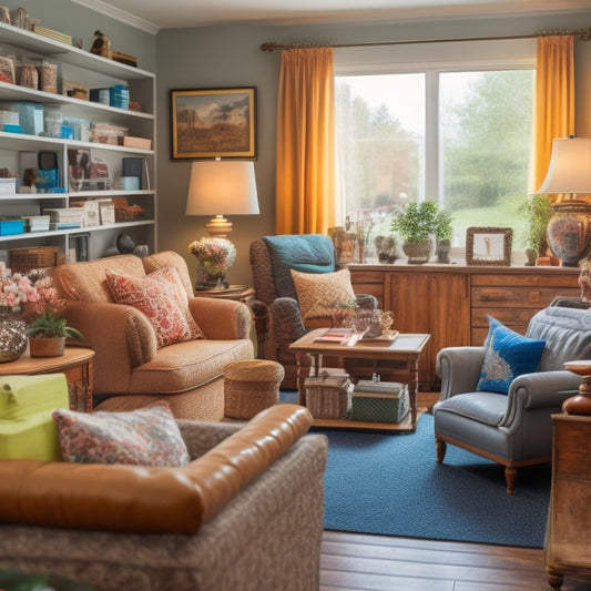 An organized, clutter-free living room with a senior citizen sitting comfortably on a couch, surrounded by minimal, labeled storage bins and a few cherished, framed family photos.
