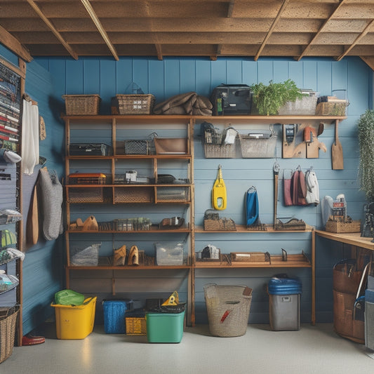 A clutter-free garage with a slatwall featuring hooks, bins, and baskets, a pegboard with hanging tools, and a loft storage area with labeled containers and a rolling ladder.
