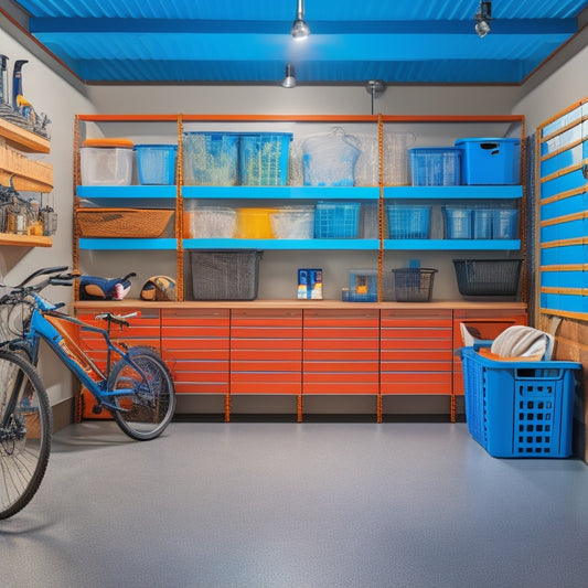 A well-organized garage with a slatted wall system holding bins, baskets, and hooks, a modular shelving unit with labeled containers, and a sleek epoxy-coated floor with a few scattered tools and a parked bike.