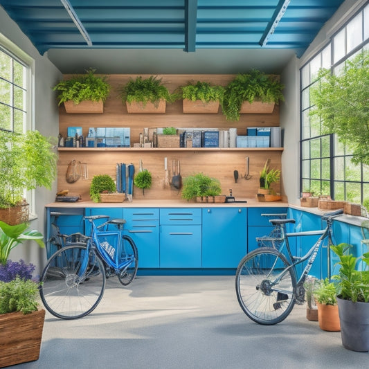 A bright and organized garage with a sleek, charcoal-gray epoxy floor, white cabinets, and a wooden workbench with a few neatly arranged tools, surrounded by lush green plants and a few bikes.
