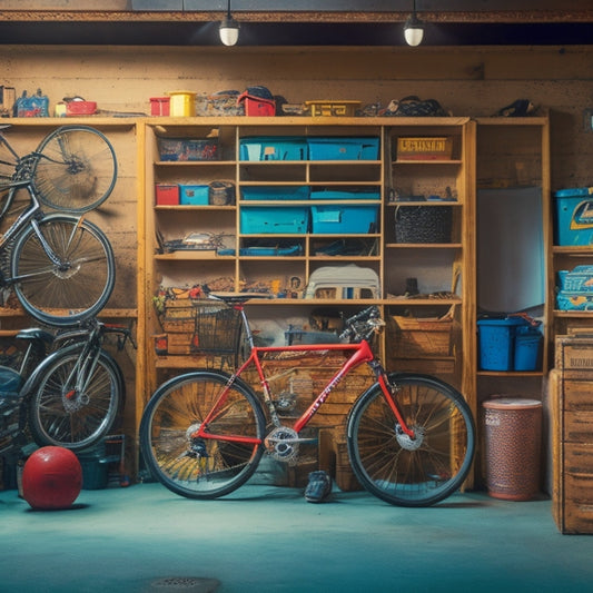 A cluttered garage with tools scattered on the floor, bicycles leaning against walls, and boxes stacked haphazardly, with a single, lonely pegboard in the corner, surrounded by empty hooks.