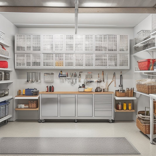 A bright, well-lit garage interior with sleek, silver cabinets, a pegboard with neatly arranged tools, and a floor-to-ceiling storage system with labeled bins and baskets.