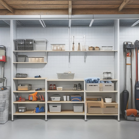 A well-organized garage with three rows of sturdy, white, adjustable shelves made of metal and wood, holding various storage bins, tools, and equipment, against a clean, gray concrete wall.