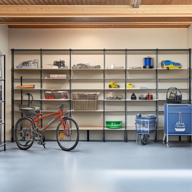A clutter-free small garage with three-tiered, industrial-grade shelving units in a metallic finish, holding organized storage bins, tools, and a few bicycles, amidst a clean, gray concrete floor and white walls.