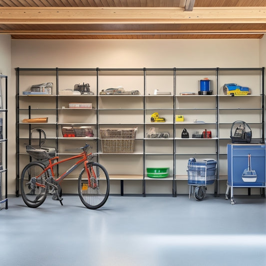 A clutter-free small garage with three-tiered, industrial-grade shelving units in a metallic finish, holding organized storage bins, tools, and a few bicycles, amidst a clean, gray concrete floor and white walls.