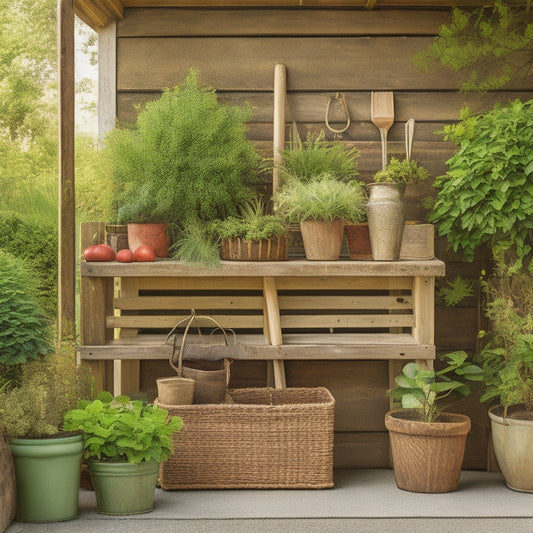 A rustic wooden potting bench with a lower shelf, adorned with potted plants, gardening tools, and a woven basket, set amidst a lush green backyard with a blurred fence and sunny sky.