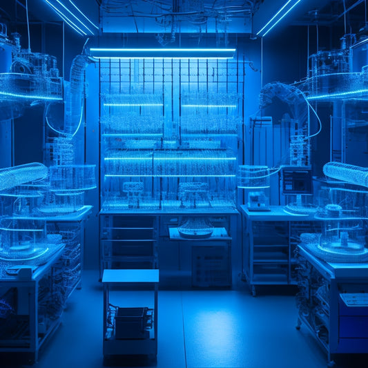 A futuristic, dimly lit laboratory with rows of humming 3D printers, surrounded by mesmerizing, intricately designed prototypes, glowing neon-blue circuits, and delicate, lace-like robotic limbs suspended in mid-air.