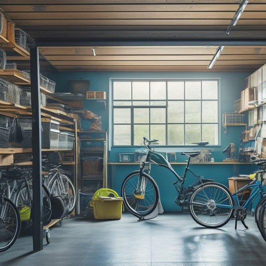 A cluttered garage with scattered tools and boxes, transformed into an organized space with sleek, metallic ceiling storage racks holding bins and bicycles, surrounded by clean lines and ample headroom.