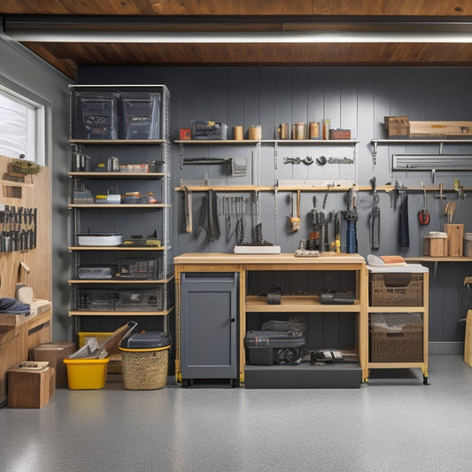 A well-organized garage with a grey epoxy-coated floor, featuring three DIY sliding storage shelves with ball-bearing tracks, holding various tools and storage bins, against a backdrop of a pegboard with hooks and a workbench.