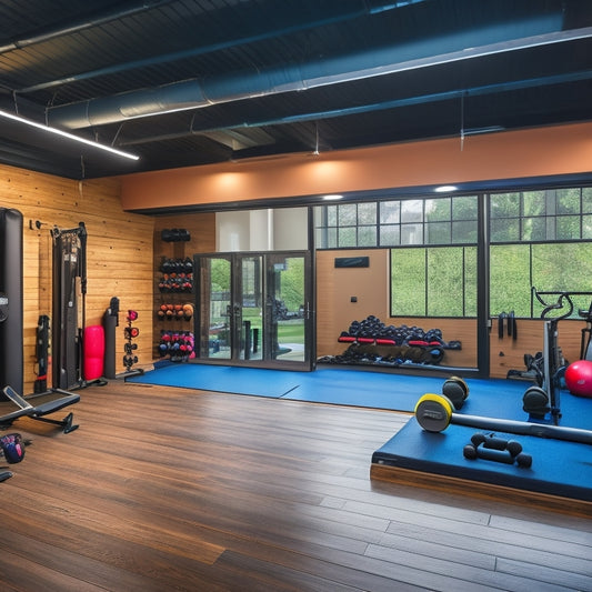 A clutter-free, well-lit garage converted into a home gym with mirrors, rubber flooring, and a variety of exercise equipment, including a treadmill, free weights, and a pull-up bar.