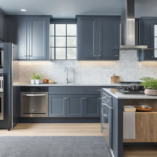 A modern kitchen with sleek, handle-less cabinets in a warm, dark wood tone, paired with gleaming, metallic LAB 13 appliances and a bold, geometric-patterned backsplash in shades of silver and charcoal.