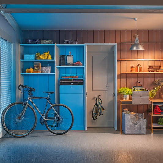 A clutter-free, compact garage with sleek, wall-mounted shelves, bins, and hooks, showcasing a small footprint bike, tools, and storage containers, illuminated by a single, modern floor lamp.