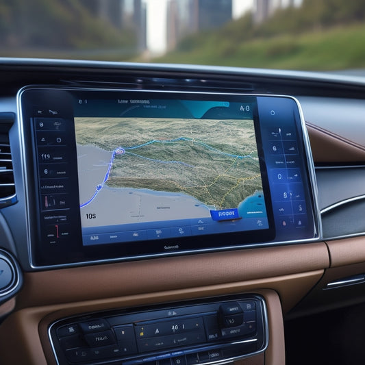 A sleek, modern vehicle's dashboard featuring a prominent, high-resolution touchscreen display showcasing a 3D map of North America, with vibrant, swirling lines and pulsing nodes indicating connectivity.