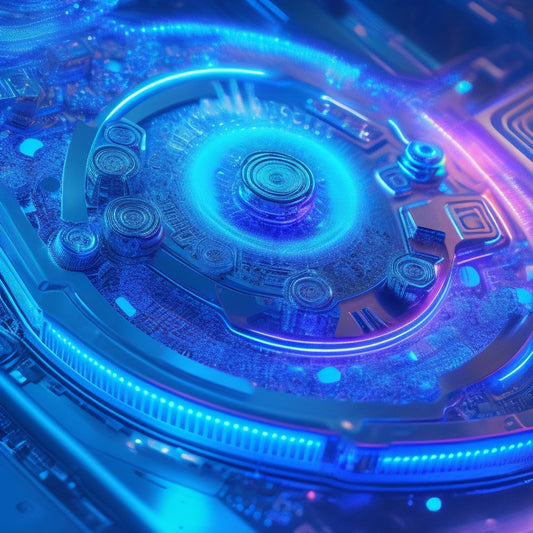 A futuristic, high-tech illustration of a hard drive's internal components, with glowing blue circuits and neon-lit data streams, surrounded by dynamic, swirling patterns of light and electricity.