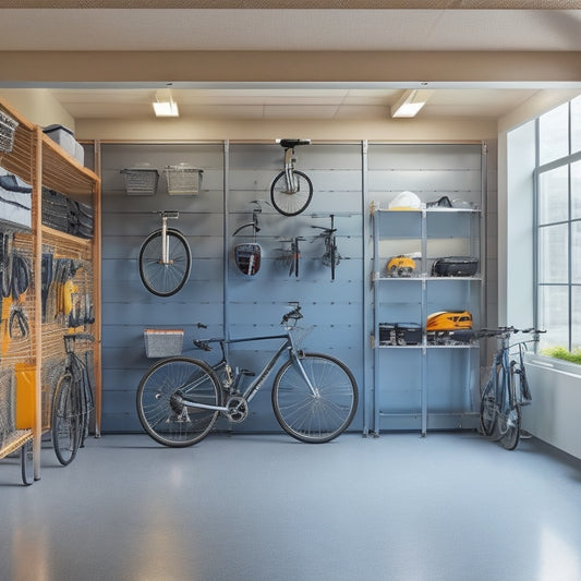 A well-organized garage with sleek, silver storage units, a slatwall with various hooks and bins, a floor-to-ceiling shelving system, and a few neatly parked bicycles, all illuminated by natural light.