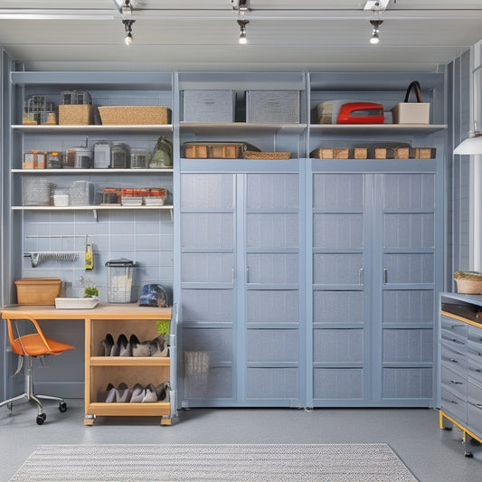 A clutter-free garage with sleek, silver overhead storage racks, wooden cabinets with sliding drawers, and a pegboard with hanging tools and baskets, set against a light-gray concrete floor and white walls.