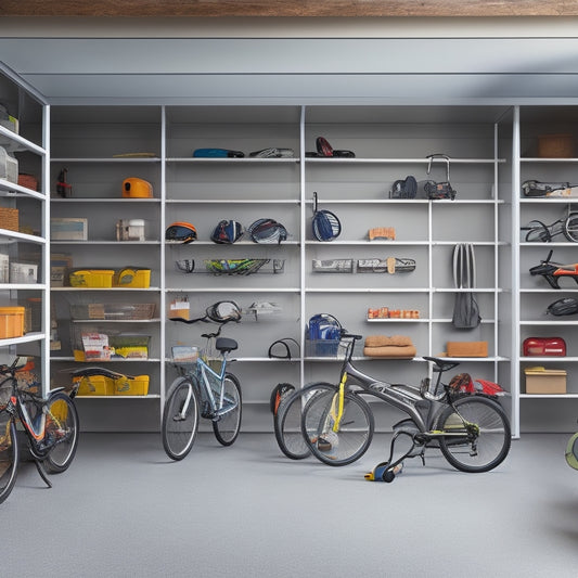 A well-organized garage with sleek, silver shelving units against a light gray wall, holding neatly stacked bins, tools, and sports equipment, with a few bicycles and a lawn mower parked underneath.