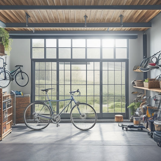 A clutter-free garage with a sleek, silver storage system, neatly arranged tools, and a few bicycles hanging from the ceiling, surrounded by warm, natural light pouring in through the windows.