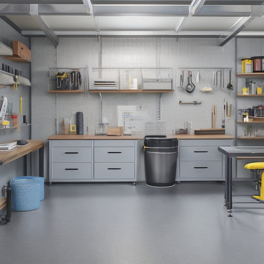 A well-organized garage with sleek, gray epoxy flooring, slatwall panels, and metallic storage bins, featuring a workstation with a wooden top and a pegboard displaying various tools.