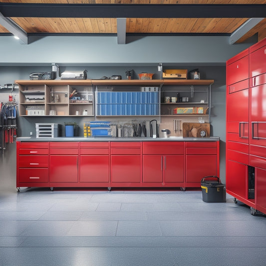 A well-organized garage interior with sleek metal cabinets, a slatwall with hooks and bins, a large workbench with a vice, and a epoxy-coated floor reflecting a bright, shiny, red sports car.