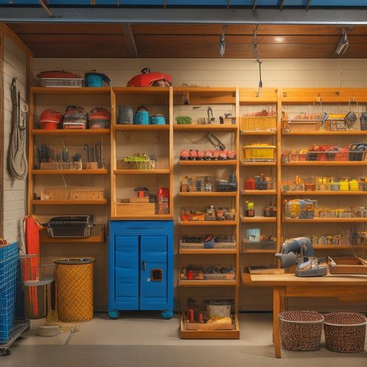 A well-lit, organized garage with a pegboard displaying hanging gardening tools, a shelving unit stacked with labeled bins, and a workbench with a built-in vice and a neatly coiled hose.