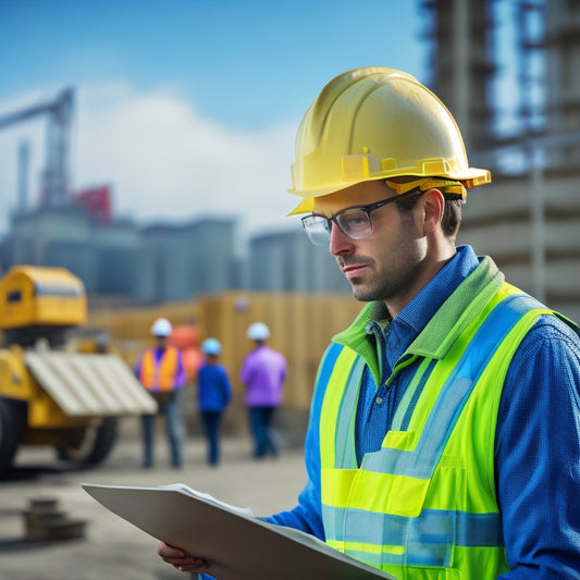 A person wearing a yellow hard hat, orange vest, and holding a clipboard, standing in front of a blurred construction site with various safety equipment and machinery scattered around.