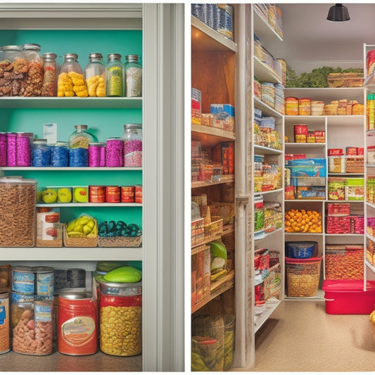 A split-screen image: a cluttered pantry with expired cans and wilted produce on the left, and a tidy pantry with labeled bins, stacked containers, and a "first in, first out" shelf on the right.