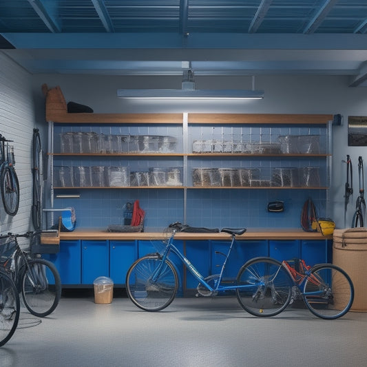 A well-lit, organized garage with sleek, metallic cabinets, slatwall panels, and a pegboard adorned with hooks, baskets, and bins, surrounded by a few neatly parked vehicles and bicycles.