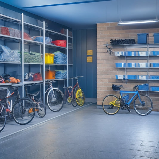 A well-organized garage with a sleek, silver slatwall, adjustable shelving, and bins in various sizes, surrounded by a clean, epoxy-coated floor and a few strategically placed bicycles.