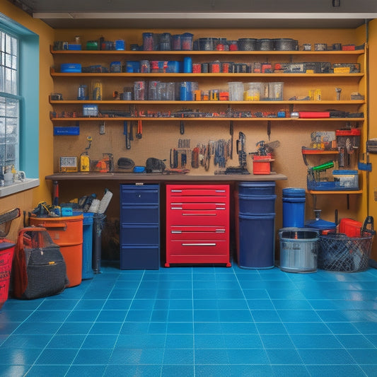 A clutter-free garage workstation with a mid-lifted car, oil drain pan, socket wrench, filter wrench, oil filter, and various motor oils arranged neatly, surrounded by a few scattered tools and a faint grid pattern on the floor.