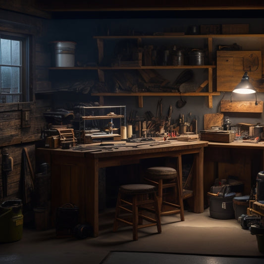A dimly lit garage workspace with a cluttered workbench, tools scattered about, and a half-built wooden project in the center, surrounded by scattered woodworking magazines and coffee cups.