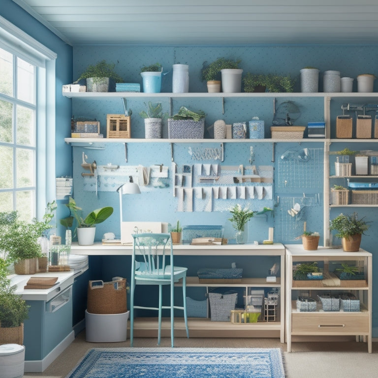 A well-organized craft room with a pegboard wall, baskets, and shelves in a calming blue and white color scheme, surrounded by natural light and lush greenery.