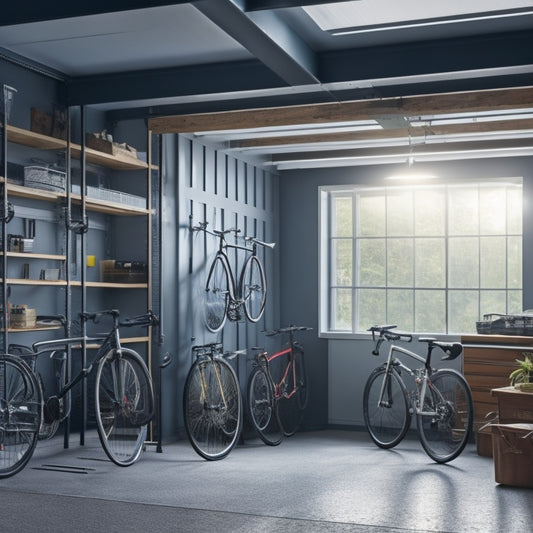 An organized garage with sleek, silver storage units, a tidy workbench, and a few bicycles hung from the ceiling, illuminated by natural light pouring in through a large window.