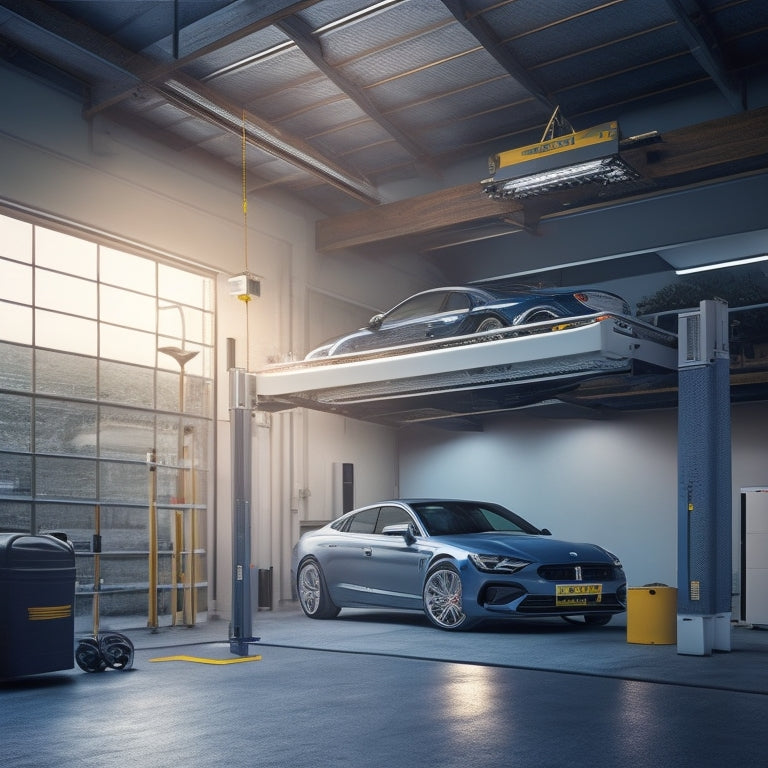 A 3D illustration of a 4-post lift in a garage with varying ceiling heights, showcasing a car raised to different levels, with measuring tape and height markers in the background.