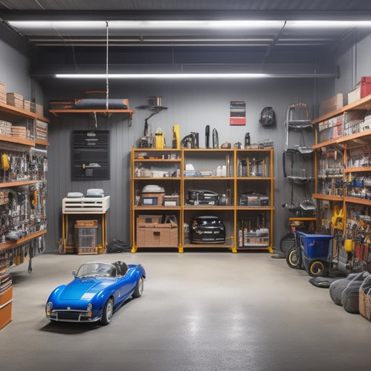 A cluttered garage with scattered tools and boxes transforms into an organized space with sleek, sturdy shelves holding labeled bins, hooks, and neatly arranged items, with a single, gleaming sports car in the background.