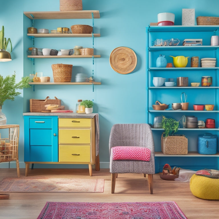 A colorful, clutter-free living room with a storage ottoman, woven baskets, and a ladder bookshelf, next to a tidy kitchen with a utensil organizer and a pegboard.
