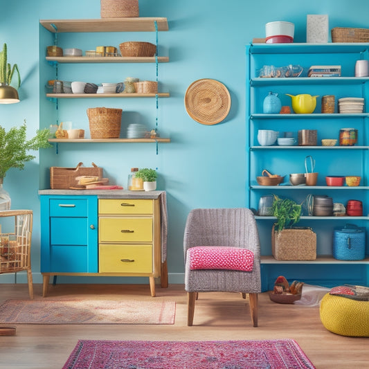 A colorful, clutter-free living room with a storage ottoman, woven baskets, and a ladder bookshelf, next to a tidy kitchen with a utensil organizer and a pegboard.