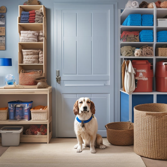 A tidy, well-organized storage room with stacked, labeled bins, and hooks holding pet gear like leashes, collars, and toys, surrounded by calm, natural colors and soft, warm lighting.
