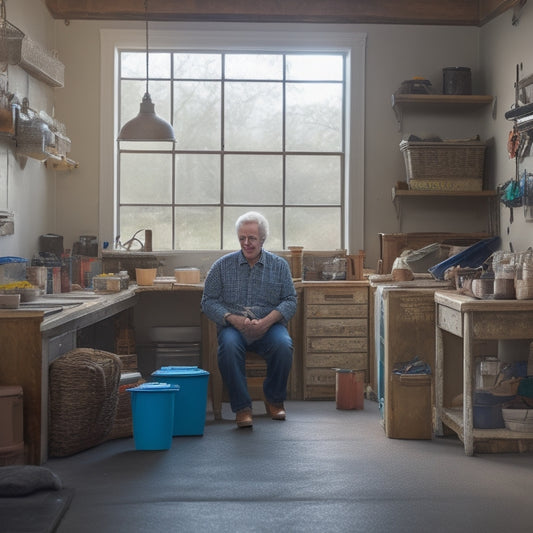 A serene and organized garage interior with a few well-placed bins, a tidy workbench, and a senior adult in their 60s, smiling, with a gentle glow of natural light.