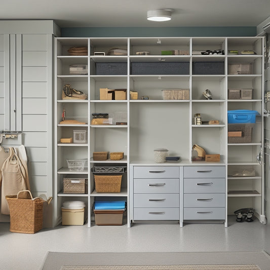 An organized garage with a senior-friendly storage system: a walk-in space with adjustable shelving, easy-to-grab bins, and a slatwall with hooks, all in a calming, neutral color palette.