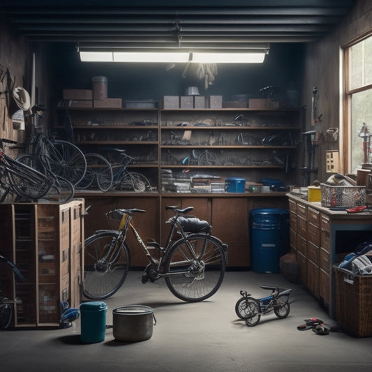 A cluttered garage interior with open cabinets overflowing with tools, sports equipment, and storage bins, surrounded by scattered boxes, bicycles, and a faint outline of a forgotten car in the background.