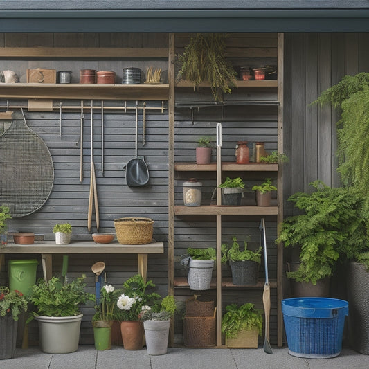 A clutter-free garden shed with a pegboard displaying neatly organized gardening tools, including a rake, trowel, pruners, and gloves, surrounded by woven baskets and a few potted plants.
