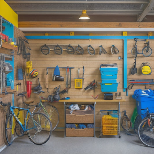 A cluttered small garage with bikes, tools, and storage bins scattered around a cramped workspace, contrasted with a tidy and organized section featuring wall-mounted shelves, hooks, and a slatwall system.